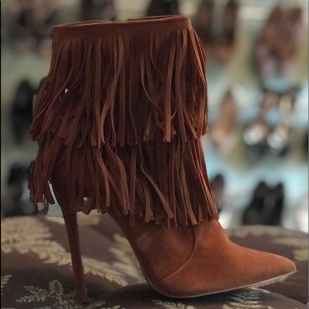 Shoe Republic LA whiskey fringe pointy toe booties
